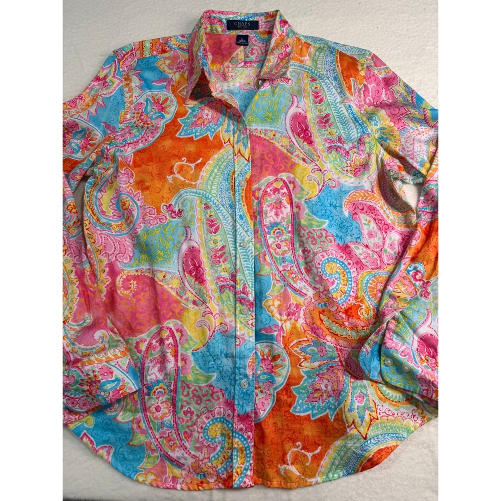 Chaps Womens Pink Orange Paisley Button Down Shirt 100% Cotton Long Sleeve L